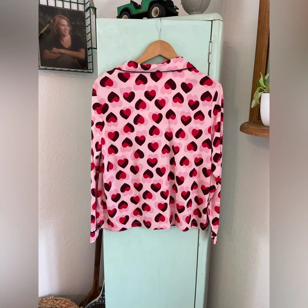 Kate Spade New York Pajama Button Down, Pink Red Hearts, Size Medium